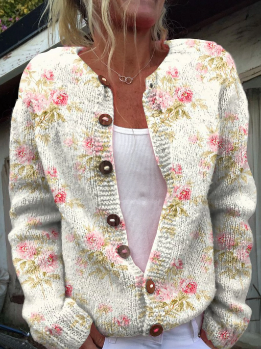 Knopf-Cardigan-Pullover mit frischem Druck von rosa Blumen und grünen Blättern