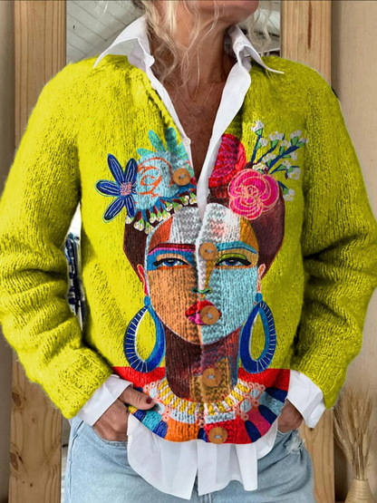 Freda Porträt Ölgemälde Kunst Print | Knopf-Cardigan Pullover